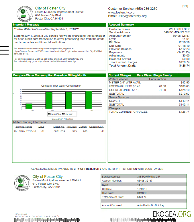 Usa City of foster city utility bill word and pdf template